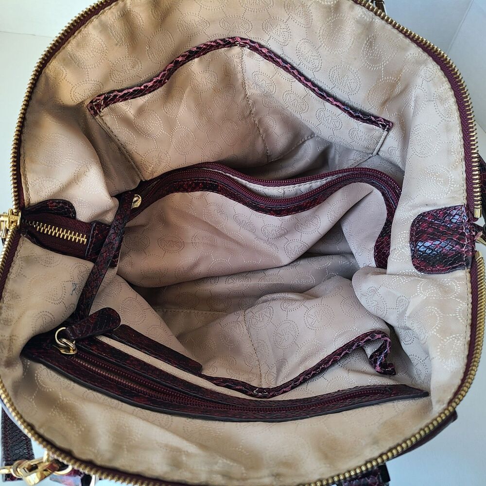Michael Kors Burgundy Leather Python Embossed Satchel Shoulder Bag Purse Large - Picture 12 of 16